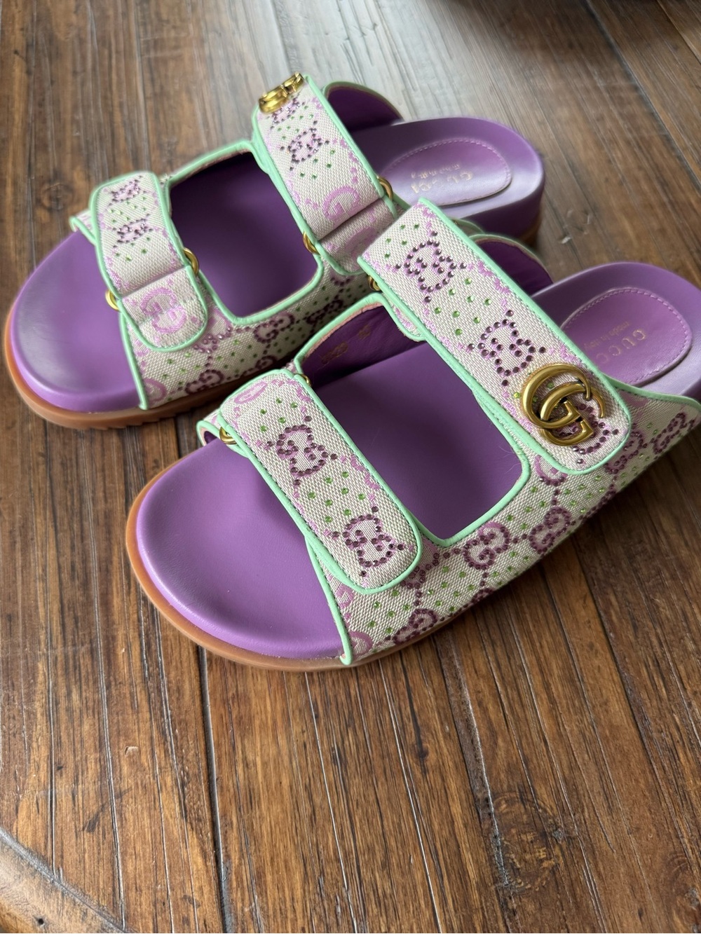 Gucci Moritz Slide GG Crystal Canvas Slide Sandals EU40 Purple Green - Picture 2 of 10